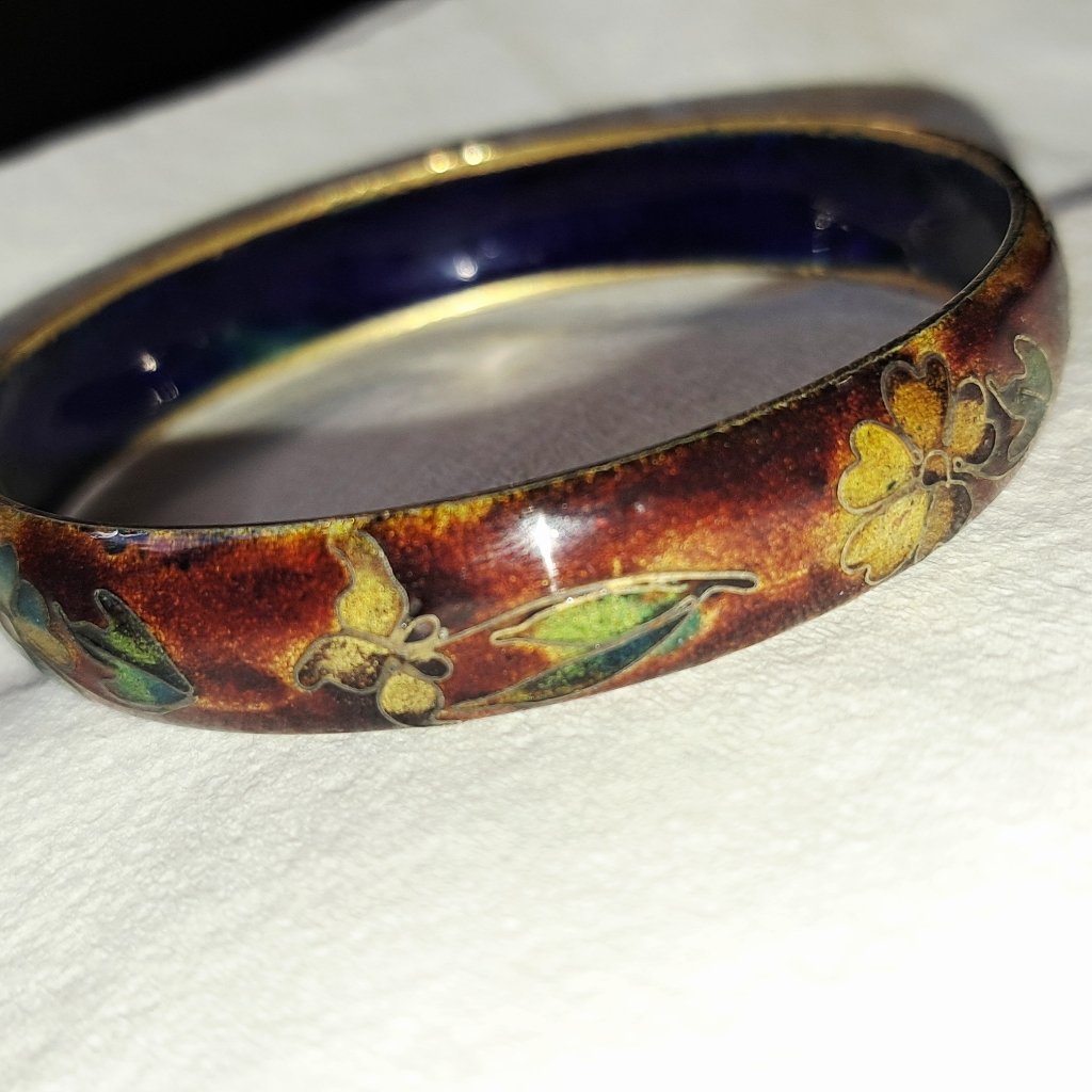 Vtg Enamel On Metal Cloisonne Bangle Bracelet Unique Colors Hand Painted